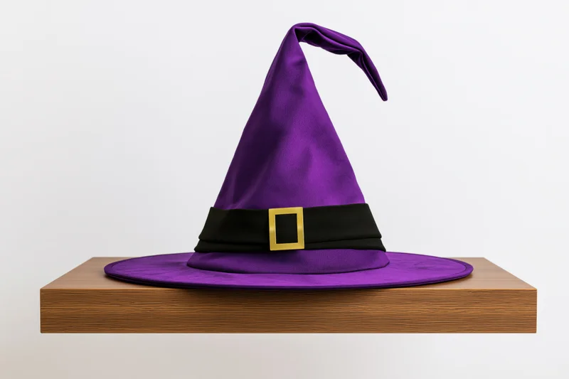 Purple pointed witch hat with black band and gold buckle resting on wooden shelf