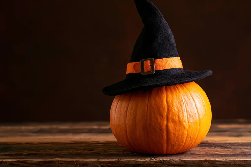 Orange pumpkin wearing black witch hat on wooden table
