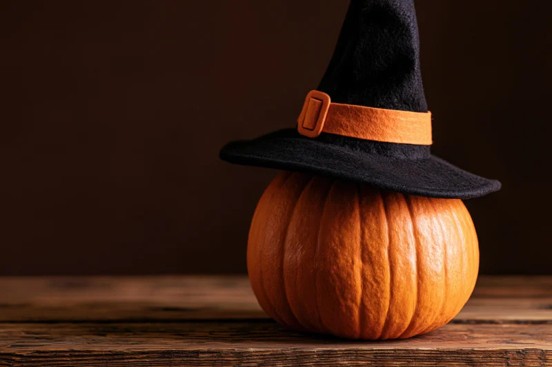 Round orange pumpkin wearing a black witch hat on a worn wooden table