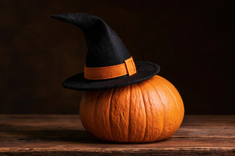 Orange pumpkin wearing black witch hat on wooden table