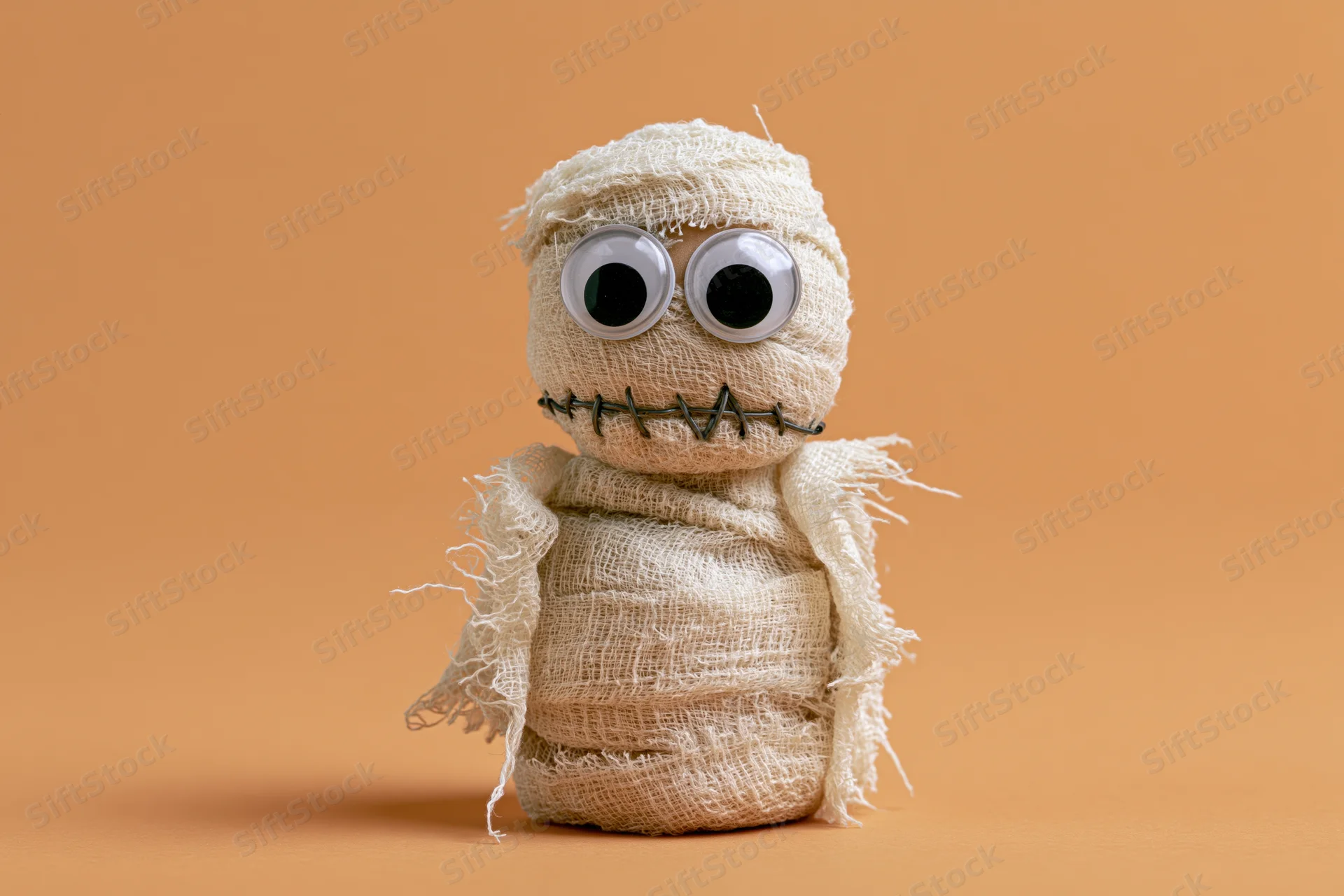 Small handmade mummy figurine wrapped in cream gauze bandage with googly eyes and stitched mouth on orange background