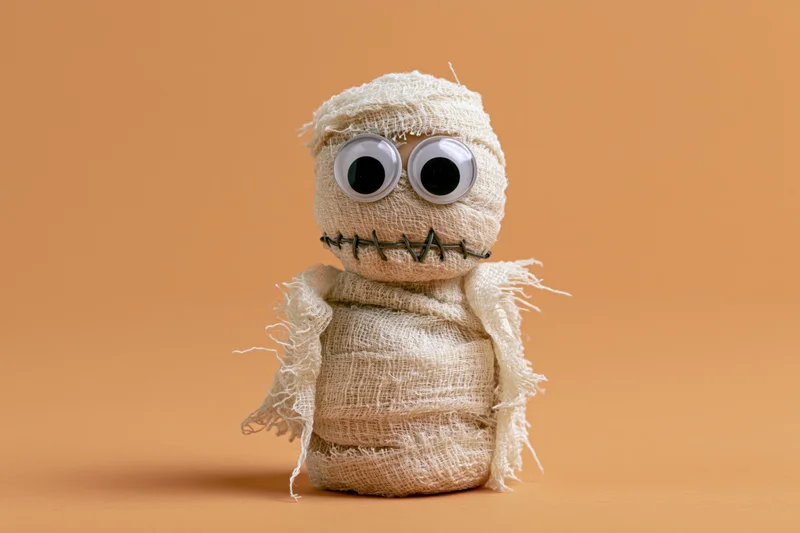 Small handmade mummy figurine wrapped in cream gauze bandage with googly eyes and stitched mouth on orange background