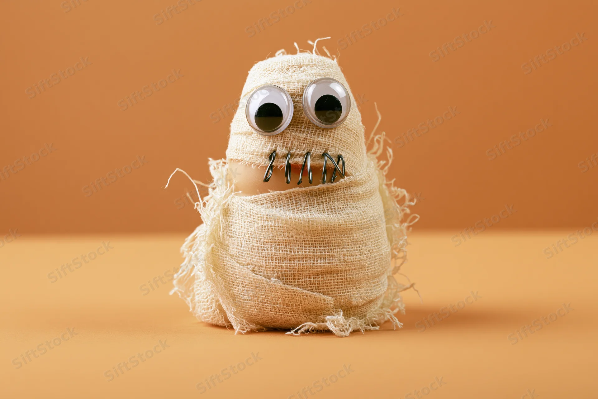 Handmade mummy figurine wrapped in cream gauze bandage with googly eyes and wire teeth on orange background