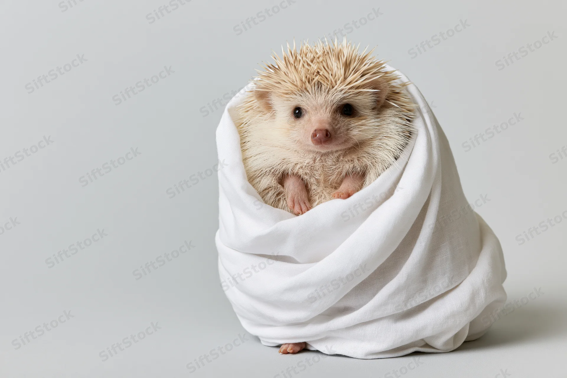 Small hedgehog wrapped in white fabric on light background