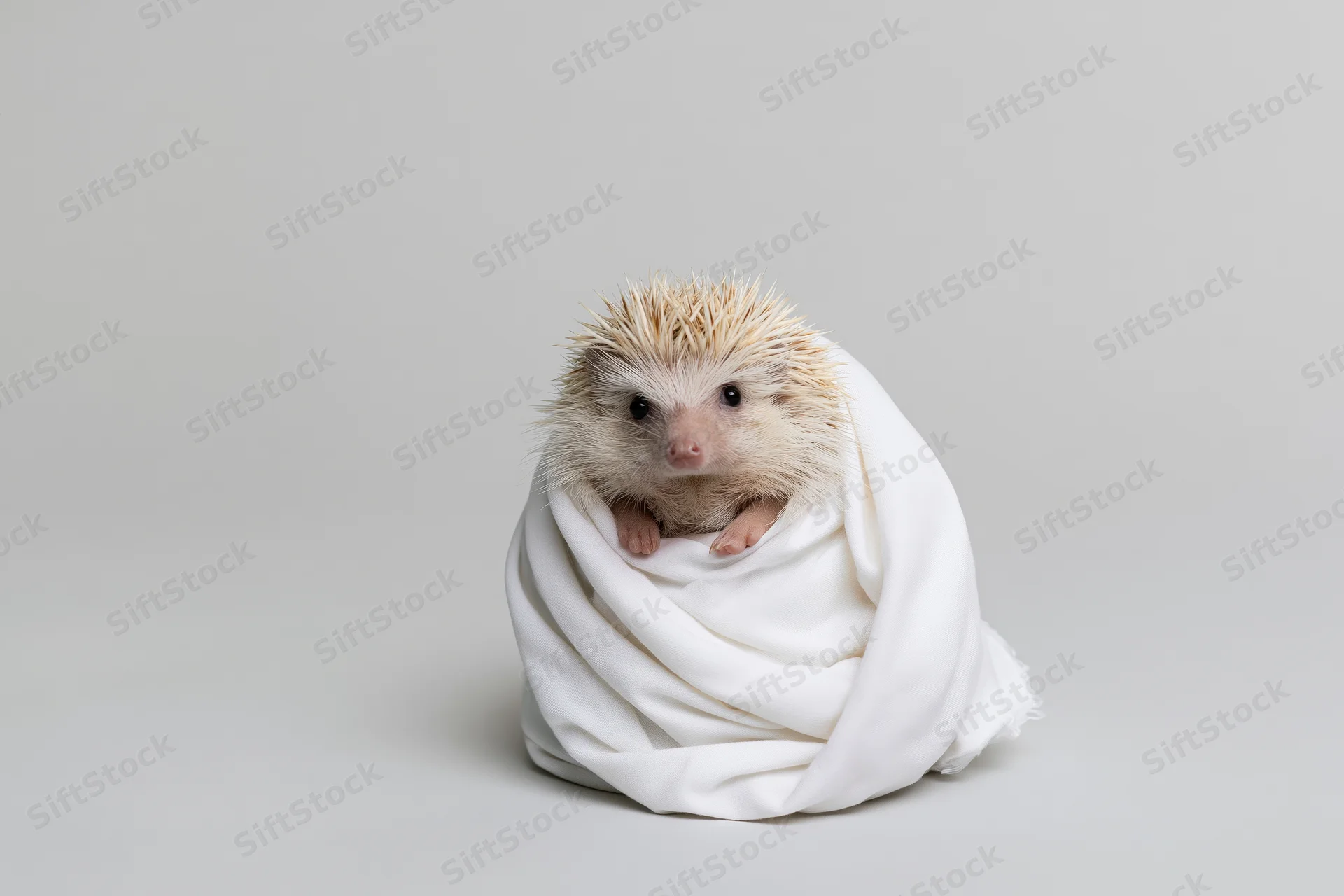 Small hedgehog wrapped in white fabric against a neutral background