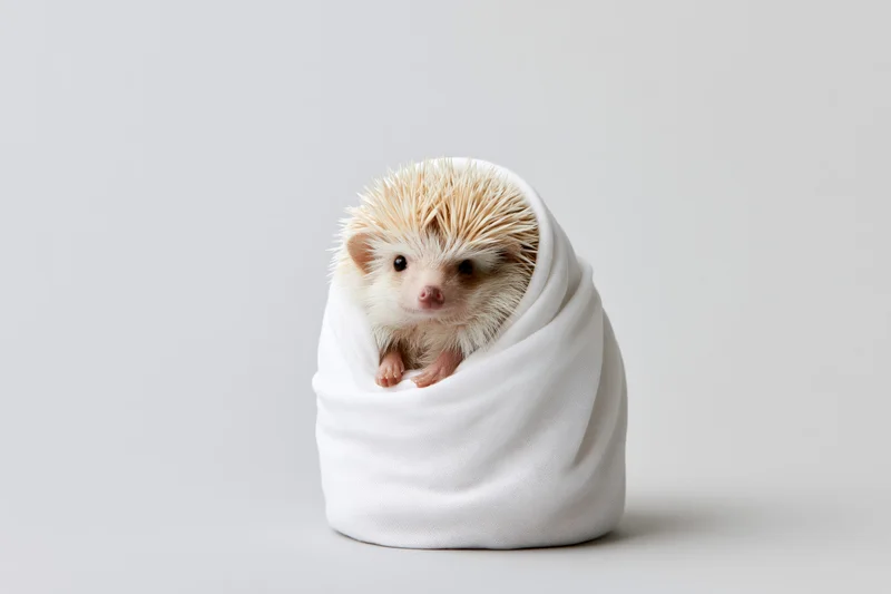 Baby hedgehog wrapped in white fabric against plain background
