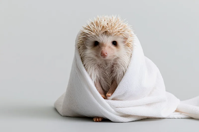 Small hedgehog wrapped in white fabric on light background