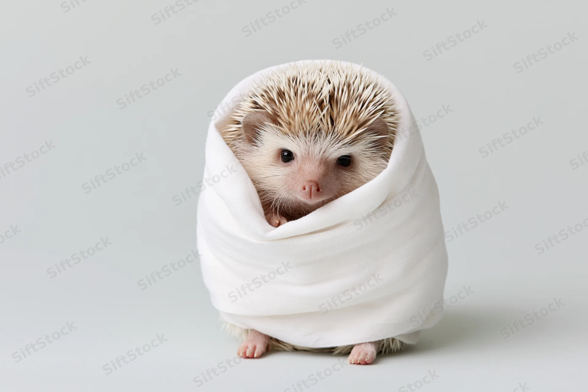 Small hedgehog wrapped in white fabric on plain background