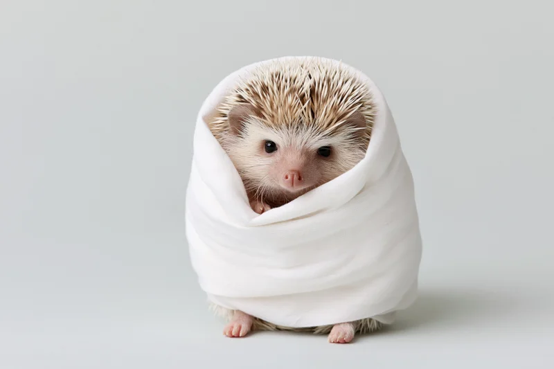 Small hedgehog wrapped in white fabric on plain background