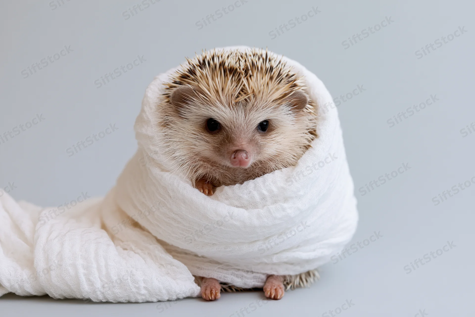 Small hedgehog wrapped in white fabric on light background