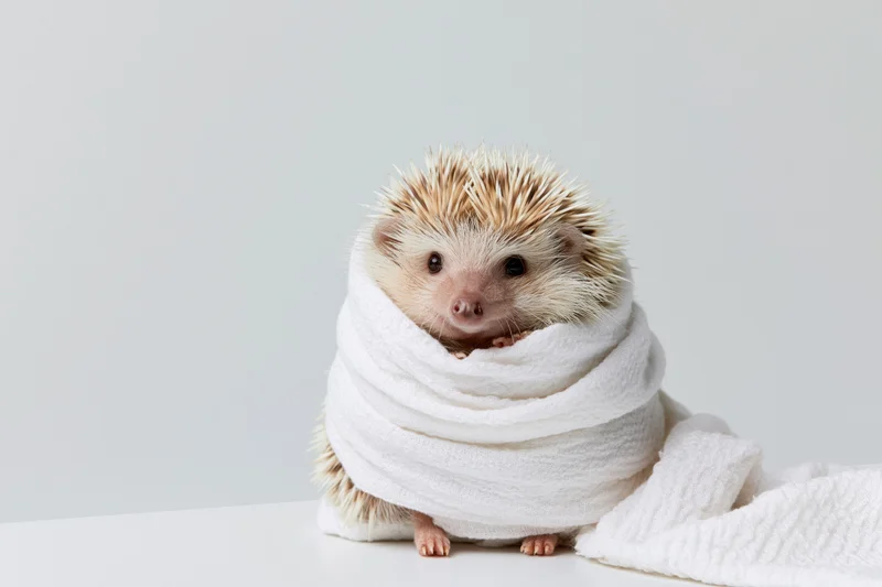 Small hedgehog wrapped in white towel on plain surface