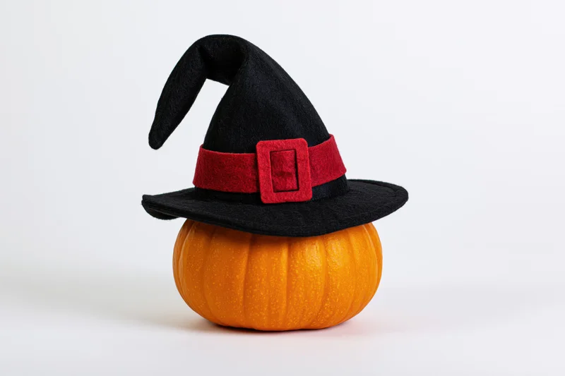 Small orange pumpkin wearing black felt witch hat on white background