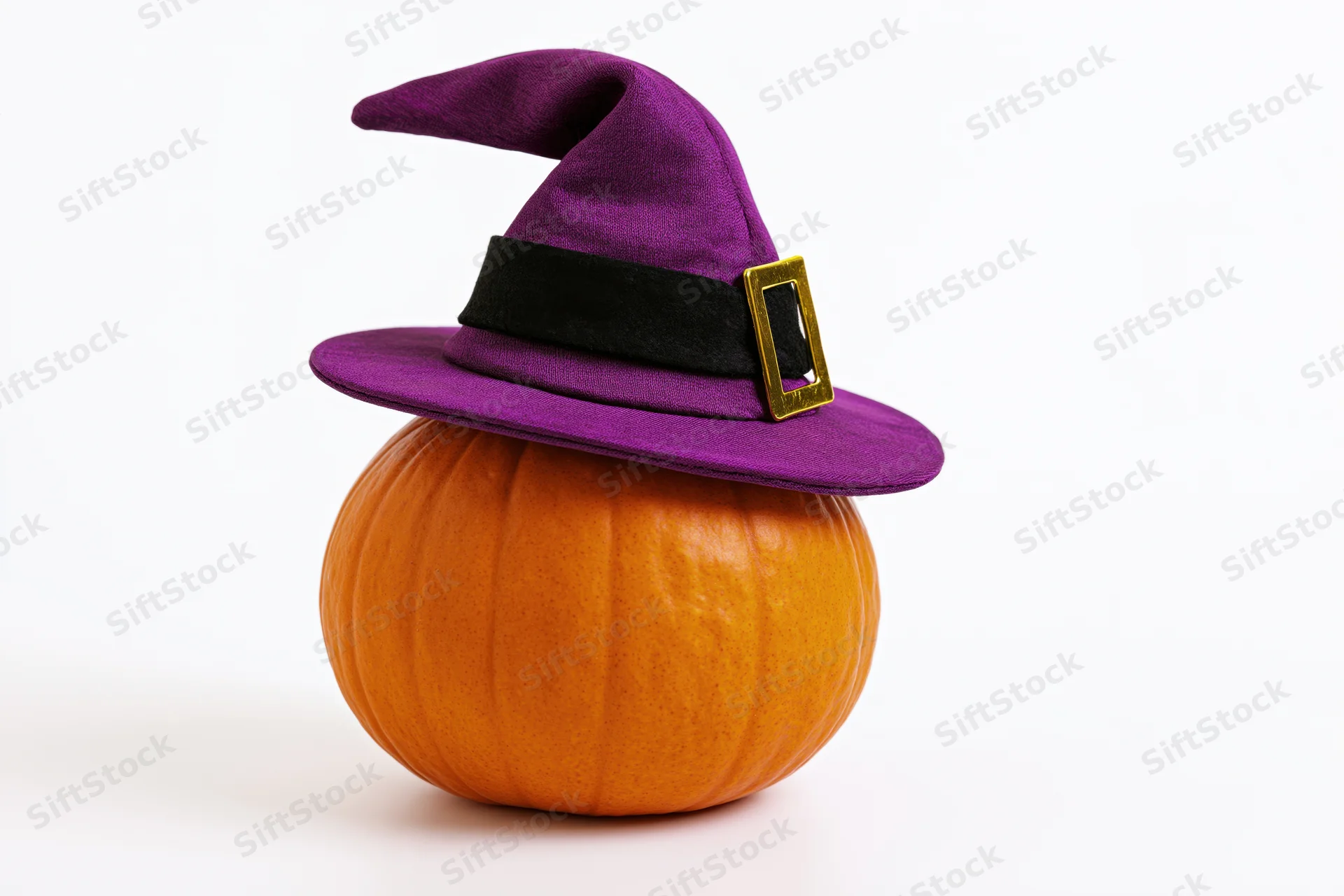 Small orange pumpkin wearing purple witch hat on white background