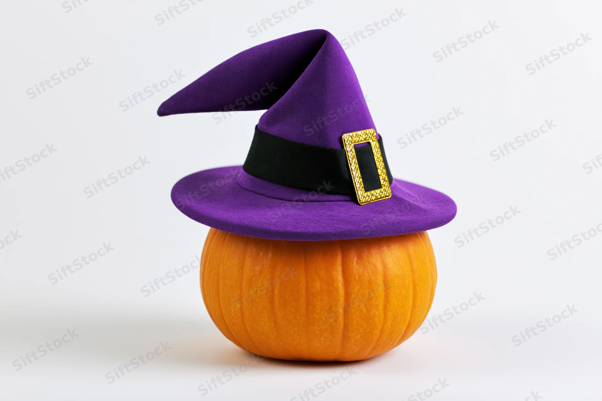 Small orange pumpkin wearing purple witch hat on white background