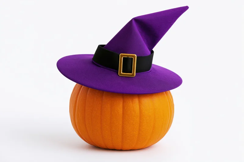 Small orange pumpkin wearing purple witch hat with black buckle on white background
