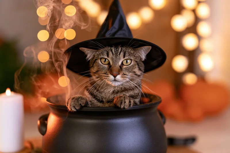 Tabby cat wearing witch hat sitting in cauldron with smoke and candlelight, halloween decoration in background