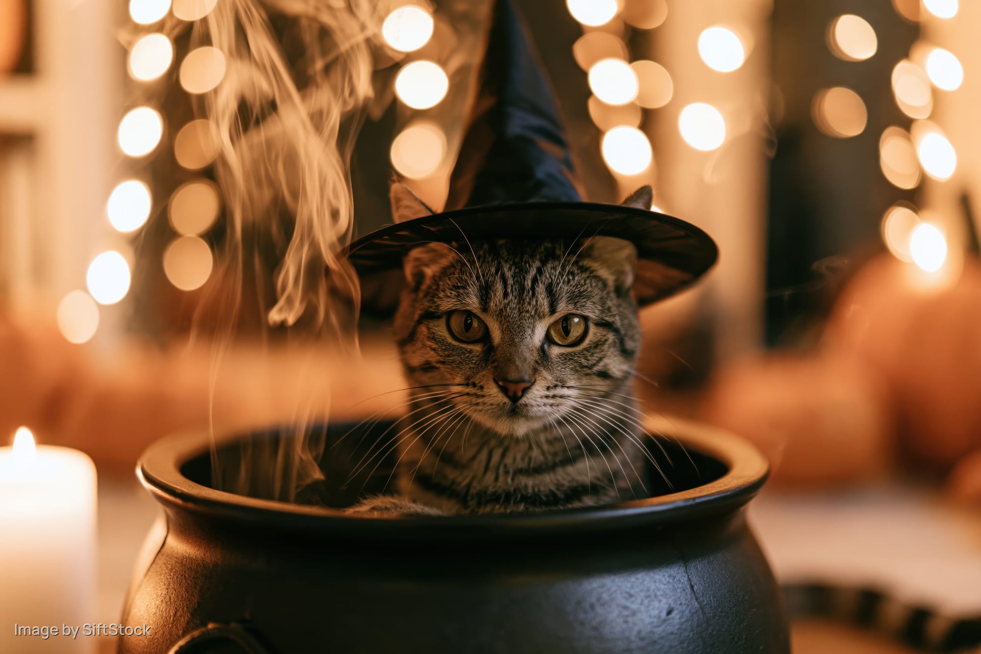 Tabby cat wearing witch hat sitting inside a cauldron with smoke and candles around, halloween decoration in warm indoor setting
