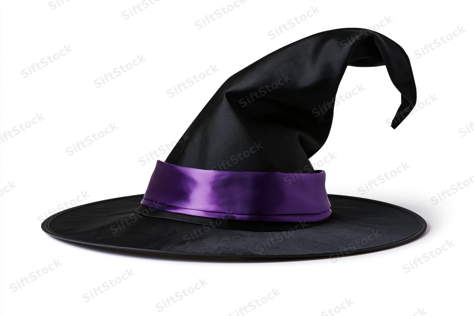 Black witch hat with purple satin band and curved tip isolated on white background