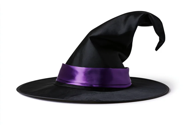 Black witch hat with purple satin band and curved tip isolated on white background