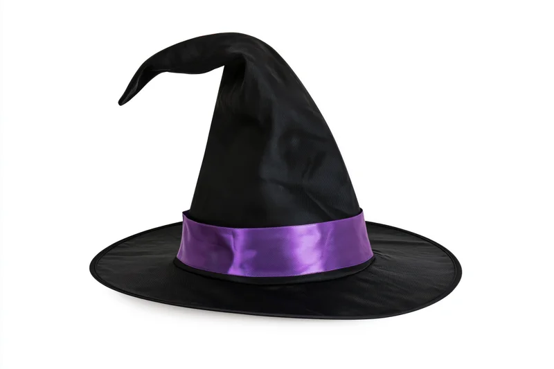 Tall pointed black witch hat with curved drooping tip and purple satin band isolated on white