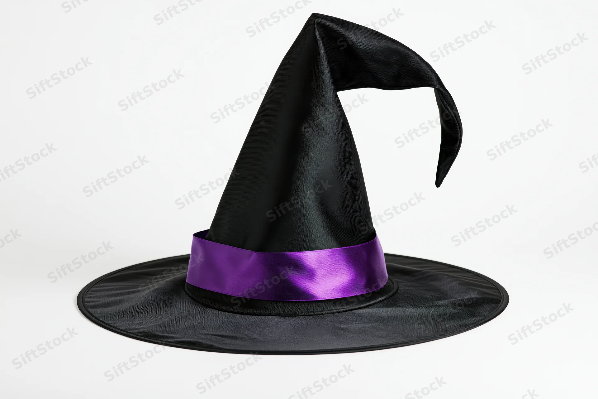 Tall pointed black witch hat with curved drooping tip and purple satin band on white background