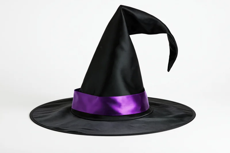 Tall pointed black witch hat with curved drooping tip and purple satin band on white background