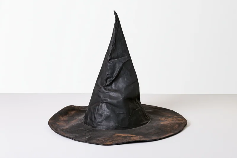 Worn black pointed witch hat resting on white surface