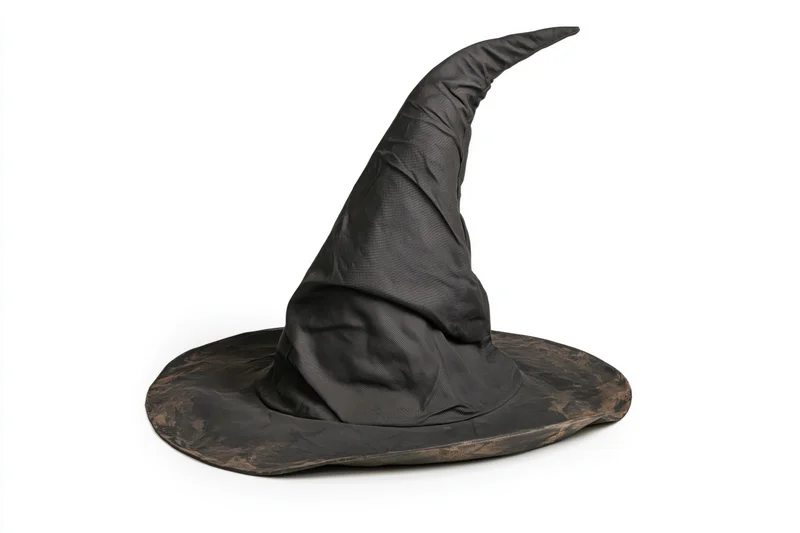 Worn black pointed witch hat resting on white surface