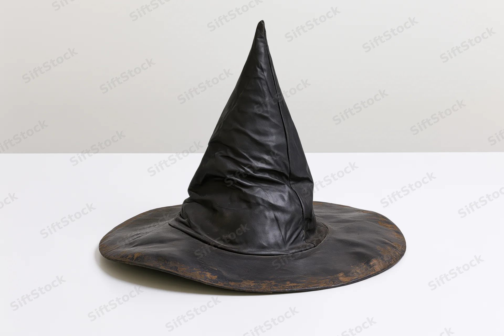 Worn black pointed witch hat resting on white surface