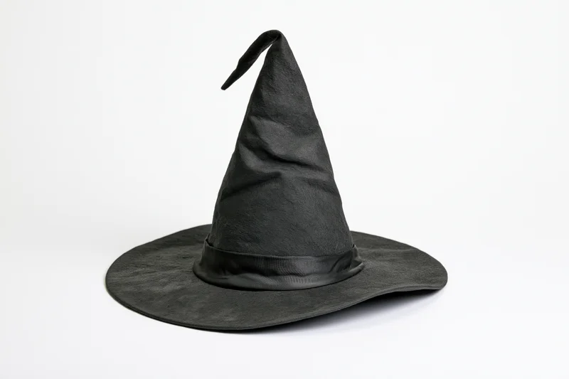 Black pointed witch hat slightly tilted on white background