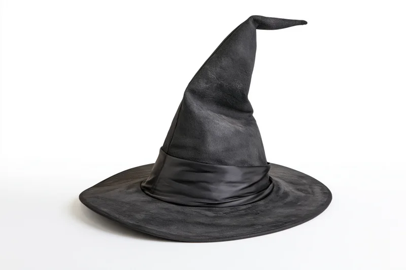 Worn black pointed witch hat tilted on white background
