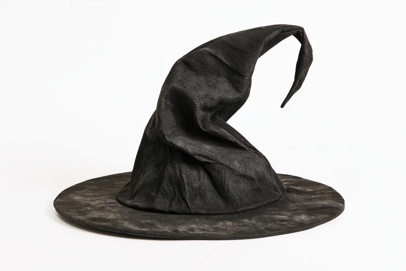 Worn black witch hat with bent drooping tip on white background
