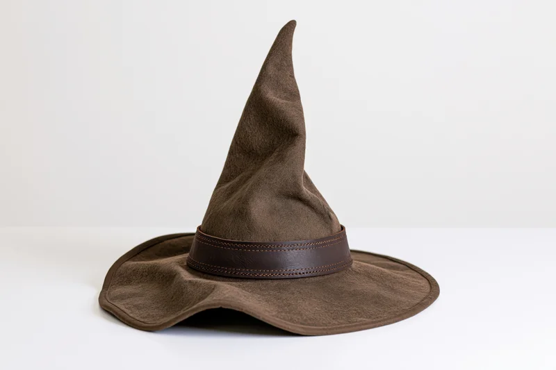 Brown felt wizard hat with tall pointed crown and leather band on white surface