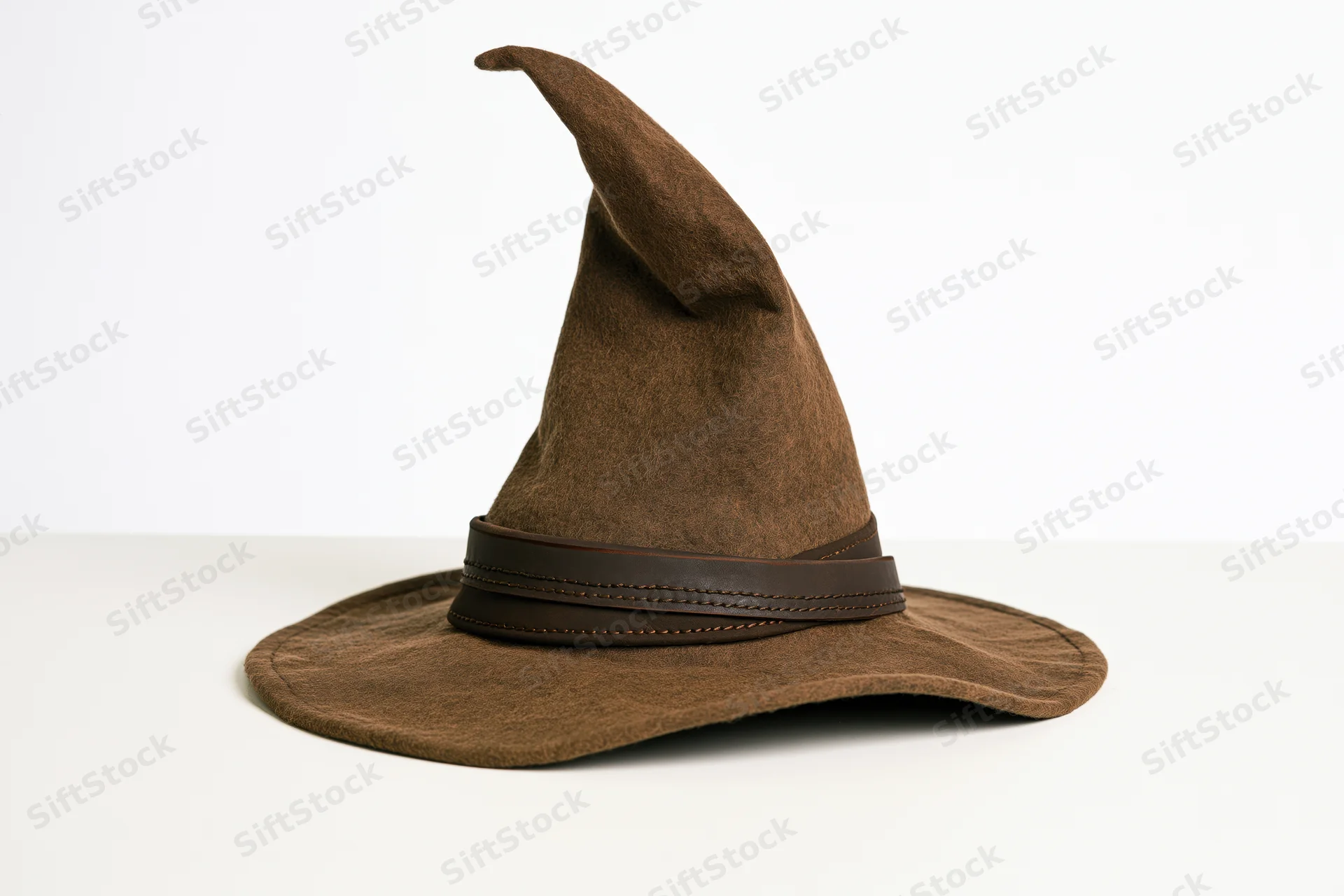 Brown felt wizard hat with tall pointed crown and leather band on white surface