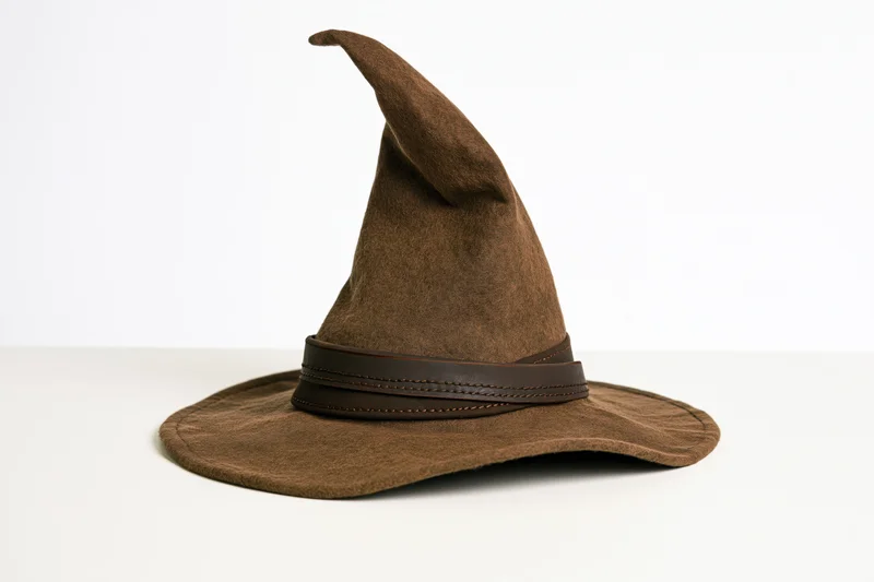 Brown felt wizard hat with tall pointed crown and leather band on white surface