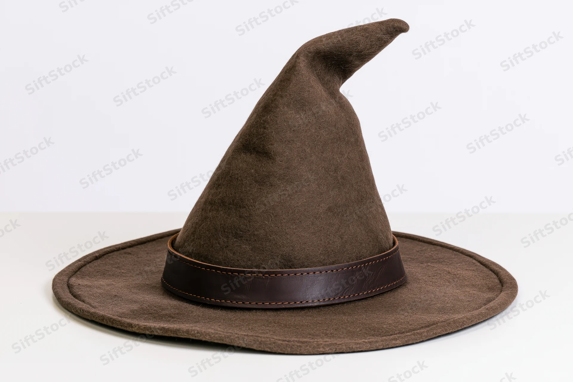 Brown felt wizard hat with pointed crown and leather band on white surface
