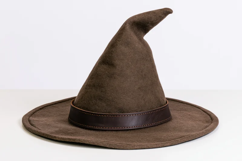 Brown felt wizard hat with pointed crown and leather band on white surface