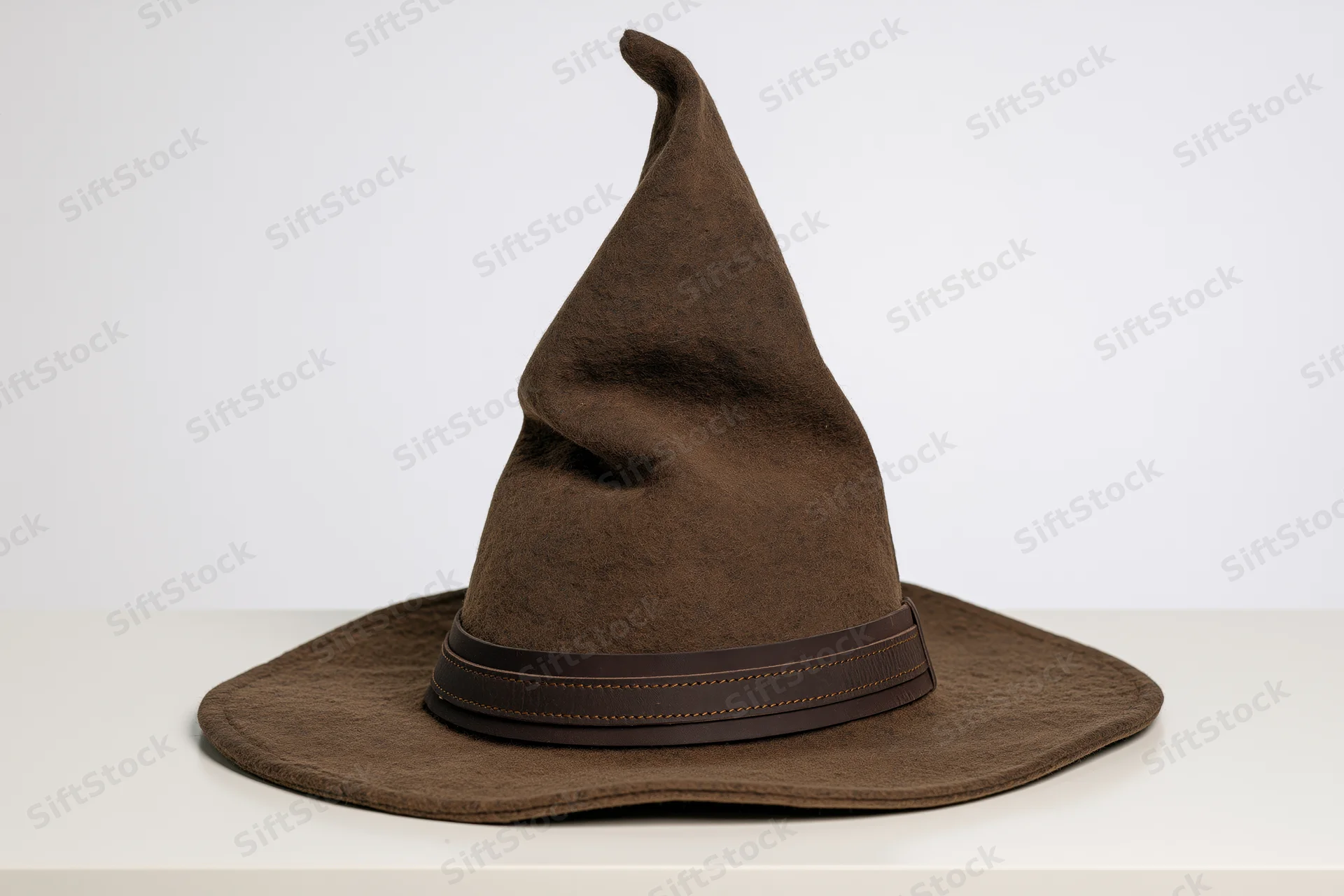 Brown felt wizard hat with tall pointed crown and wide brim on white surface