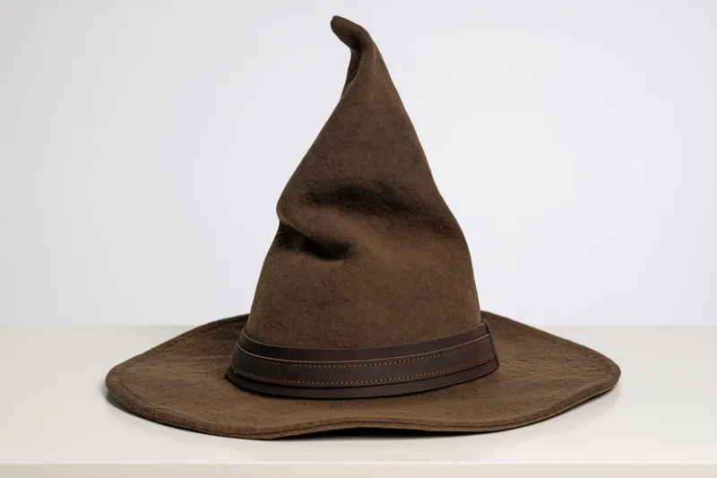 Brown felt wizard hat with tall pointed crown and wide brim on white surface