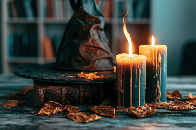 Worn witch hat on an old leather-bound book beside burning candles with dried leaves on a wooden table