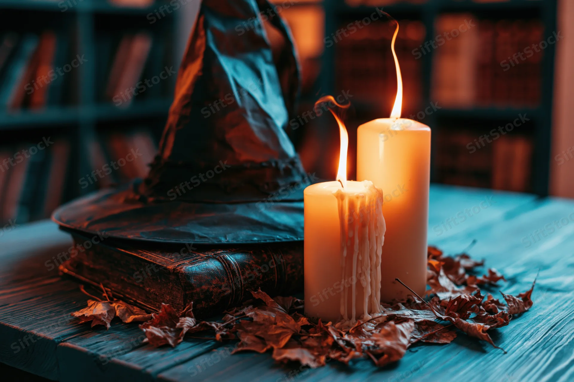 Witch hat resting on an old leather-bound book beside lit candles on a wooden table surrounded by dried autumn leaves in a dimly lit library