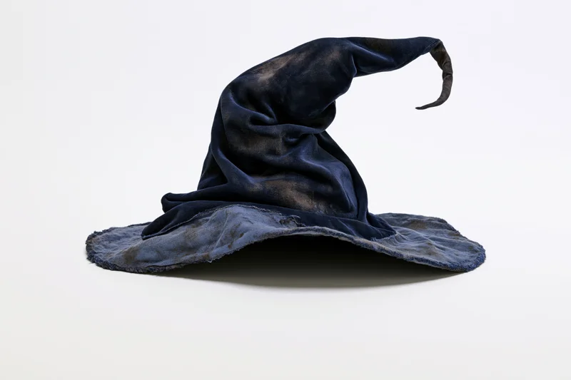 Worn black fabric wizard hat with tall curling pointed tip on white background