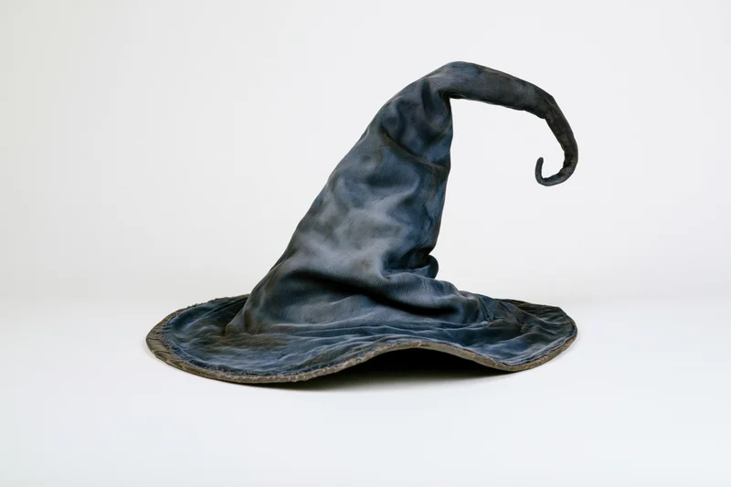 Worn fabric wizard hat with tall curling pointed tip on white background