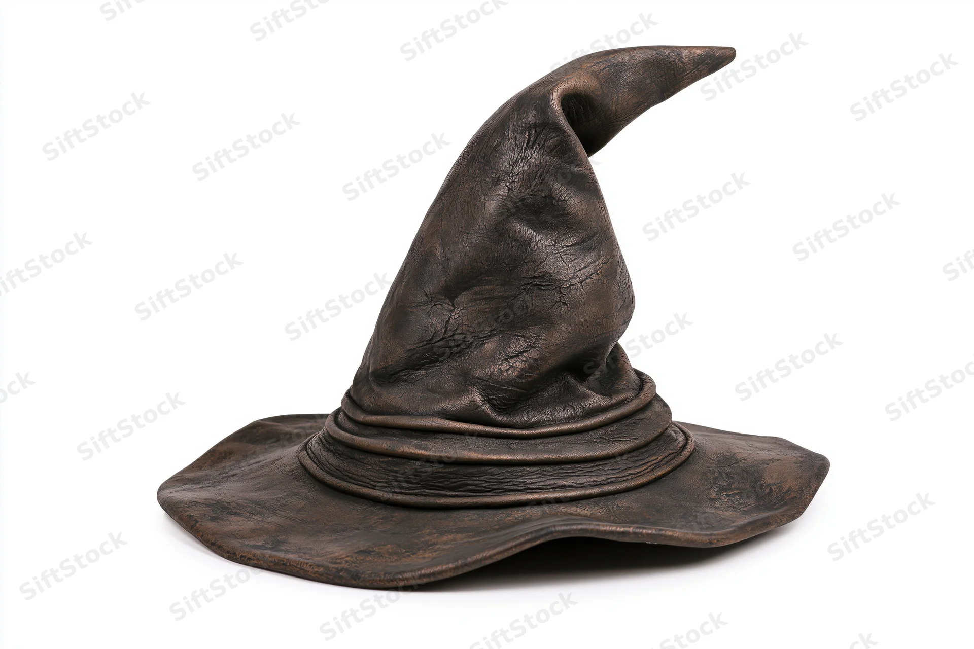 Aged leather wizard hat with tall pointed crown and wide brim isolated on white