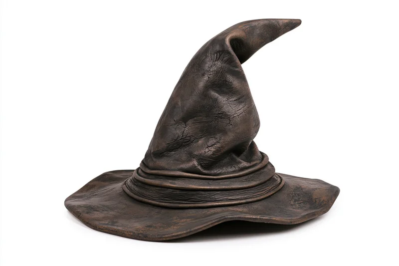 Aged leather wizard hat with tall pointed crown and wide brim isolated on white