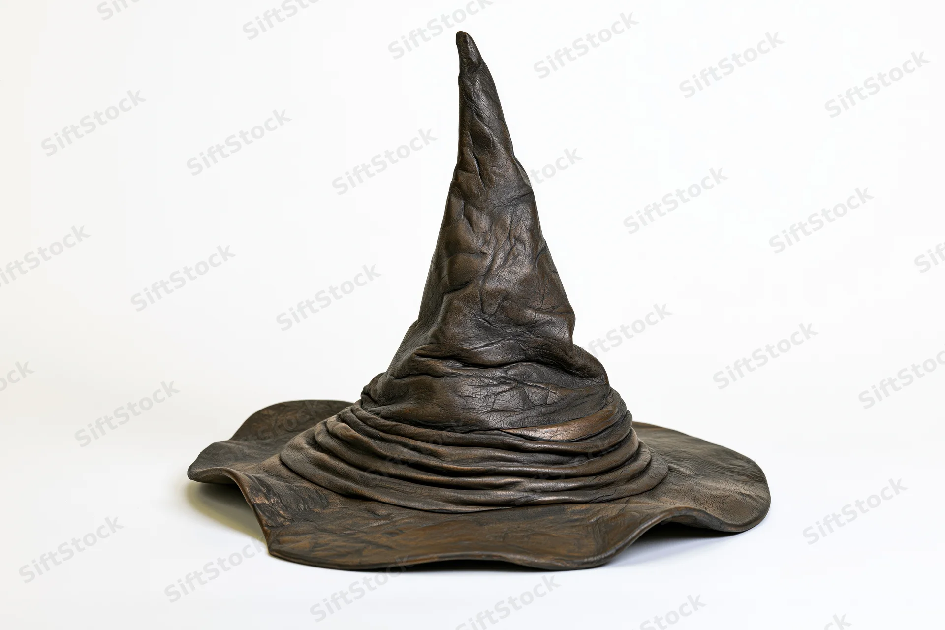 Aged leather wizard hat with tall pointed crown and wide brim on white background