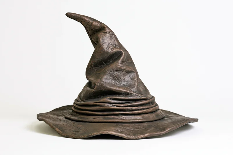 Aged leather wizard hat with tall pointed crown and wide brim on white background