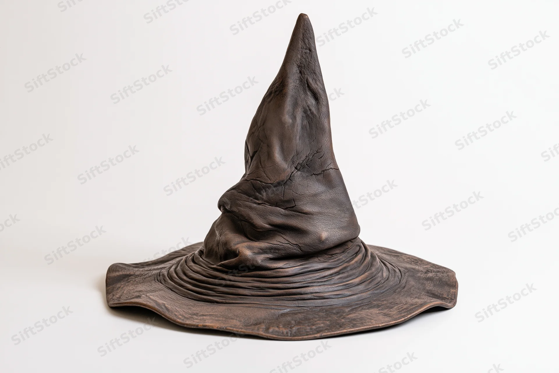 Aged leather wizard hat with tall pointed crown and wide brim on white background