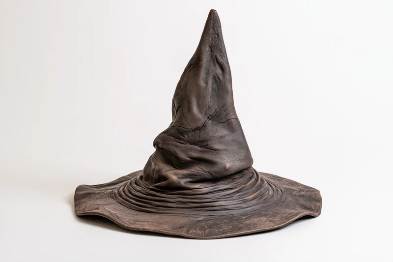 Aged leather wizard hat with tall pointed crown and wide brim on white background