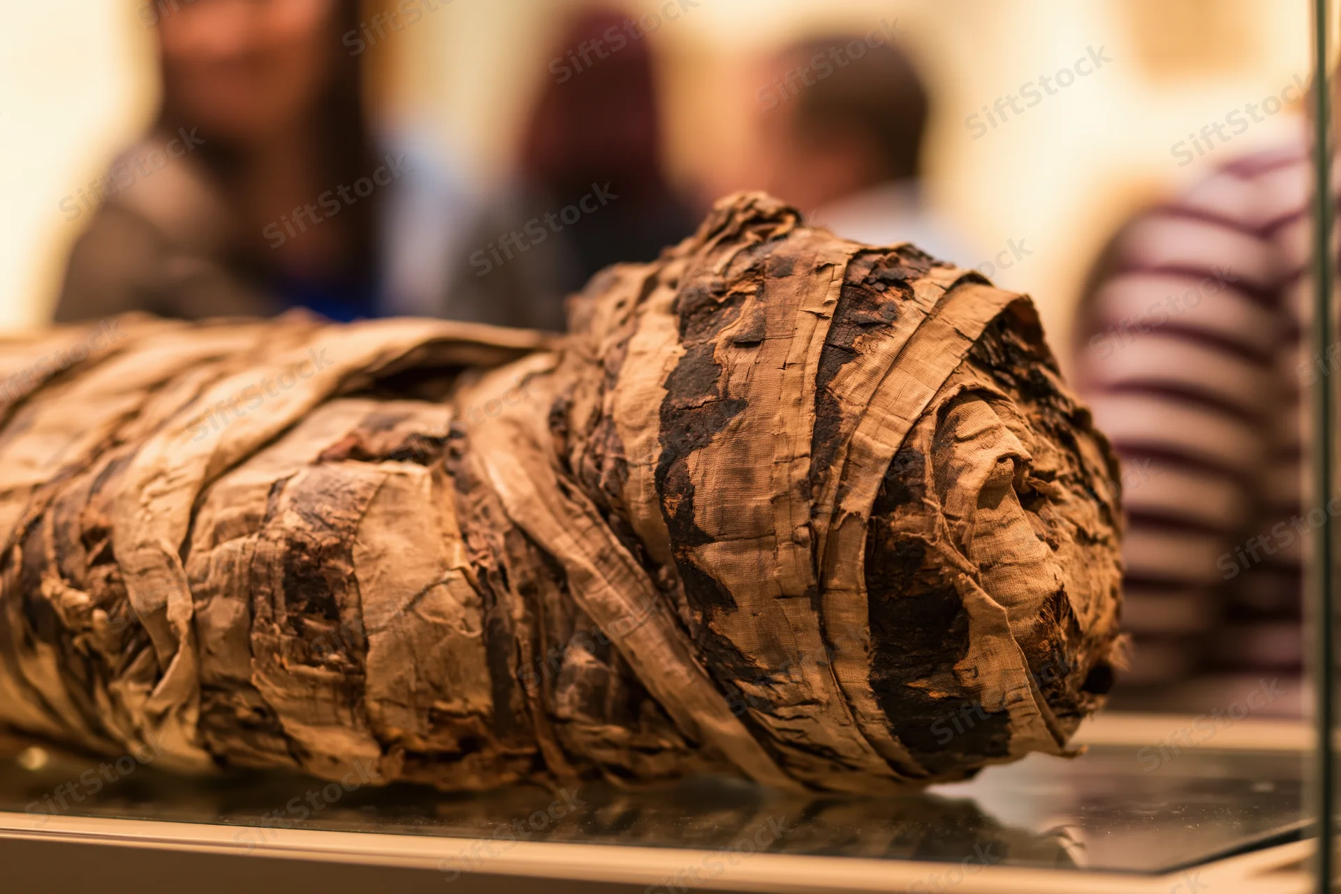 Ancient egyptian mummy wrapped in aged linen bandages on display in a museum case with visitors in the background